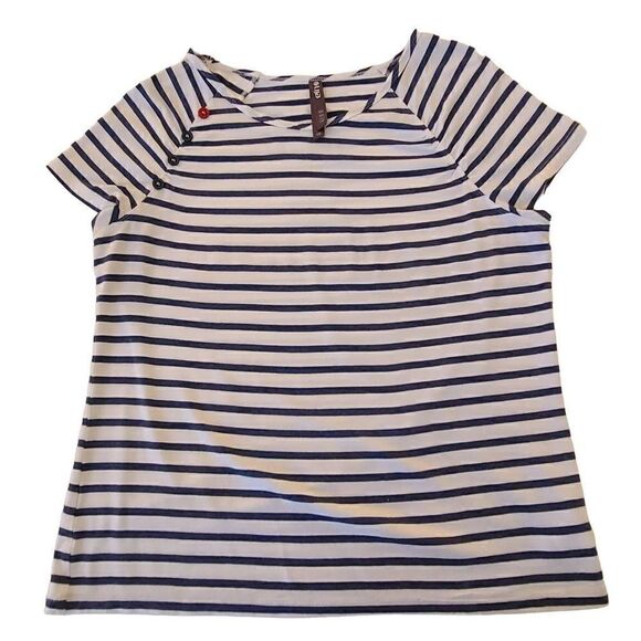 Lija Womens Top Stripes Short Sleeve Button Accent White Navy Large - Picture 1 of 8